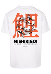 White cotton t-shirt featuring a graphic of two koi fish in black and orange, accompanied by Japanese characters and the word "NISHIKIGOI" in bold.