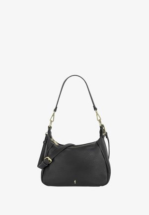 Czarna skórzana torebka z teksturowanym wykończeniem, charakteryzująca się zakrzywionym kształtem, regulowanym paskiem i złotymi akcentami metalowymi.