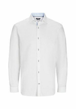 White long-sleeve shirt with a classic collar, button front, and contrasting light blue inner collar. Smooth fabric and tailored fit.