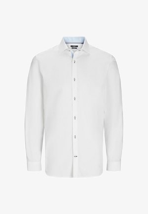 Camicia bianca a maniche lunghe con colletto classico, chiusura a bottoni e interno del colletto azzurro a contrasto. Tessuto liscio e vestibilità aderente.