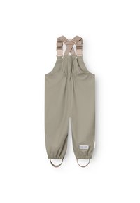 Khakifarbene wasserdichte Latzhose mit verstellbaren beigen Trägern und elastischen Bündchen. Mit einem Logosticker auf der Vorderseite und einer glatten, glänzenden Oberfläche.