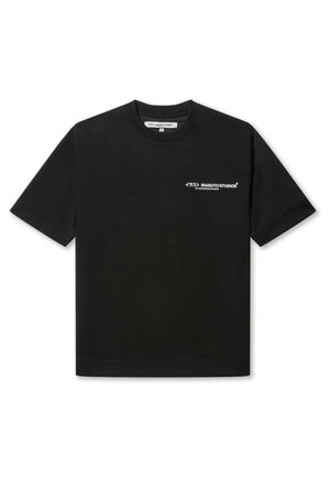 Black cotton t-shirt with short sleeves, featuring a white graphic text logo on the front. Simple crew neck design.