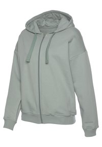 Sudadera con cremallera de color verde claro, hecha de una tela suave, que cuenta con capucha, puños acanalados y un forro interior texturizado. Diseño minimalista con una marca sutil.