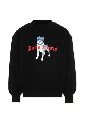 Czarna bluza z kapturem z grafiką stojącego psa w okularach przeciwsłonecznych oraz czerwonym napisem "Palm Angels" na piersi.