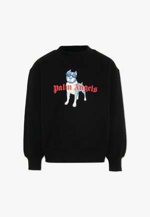 Zwarte sweatshirt met een afbeelding van een staande hond die een zonnebril draagt en rode "Palm Angels" tekst over de borst.