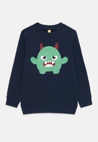 Felpa blu navy con grafica di un mostro cartone verde con corna rosse, espressione arrabbiata e denti bianchi. Tessuto misto cotone.