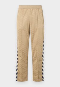 Beežid spordipüksid peene Mikihi mustriga, tumelilla ja valge küljeribadega, elastse vöökohaga ja tõmblukuga taskutega.