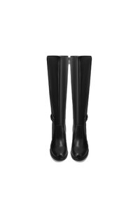 Stivali neri in pelle al ginocchio con una texture liscia, design elegante, cerniere laterali e punta arrotondata. Stile minimalista senza motivi visibili.