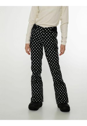 Czarne spodnie narciarskie w białe kropki, o prostych nogawkach i z bocznymi kieszeniami. Wykonane z wodoodpornego materiału, z półkami na pasek.