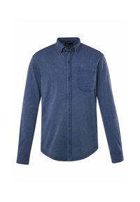 Camicia blu a maniche lunghe con bottoni, realizzata in un tessuto morbido, con colletto, taschino frontale e bottoni neri lungo la patta.