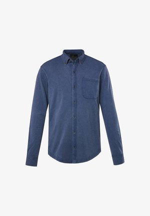 Blue long-sleeve button-up shirt made of soft fabric, featuring a collared neck, front pocket, and black buttons along the placket.
