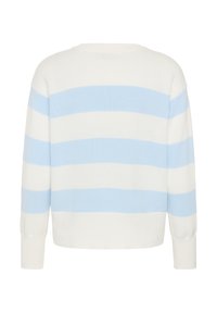 Pull blanc avec de larges rayures horizontales bleu clair, manches longues, poignets et ourlet côtelés, présenté de dos.