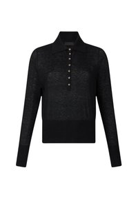 Polo a maniche lunghe nera in maglia leggera, con colletto e sette bottoni sul davanti, fondo a costine.