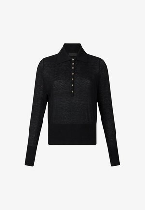 Polo a maniche lunghe nera in maglia leggera, con colletto e sette bottoni sul davanti, fondo a costine.