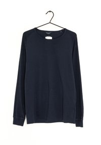 Marineblå langærmet T-shirt med rund hals, lavet af blødt stof. Har ribbede manchetter og lige kant, minimal syning detalje.