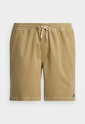 Brune corduroy shorts med elastisk talje, snøre lukning og subtil ribbet tekstur. Har et lille logo nederst ved kanten.