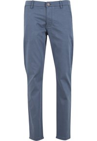 Pantalon bleu droit avec passants pour ceinture, fermeture par boutons à l'avant et poches latérales, présenté sur fond blanc.