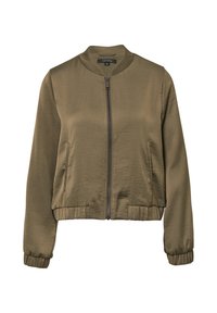 Khaki kurtka bomber z zamkiem z przodu, z prążkowanymi mankietami i dołem. Wykonana z gładkiego materiału, z bocznymi kieszeniami, z fasonem bez kołnierza.