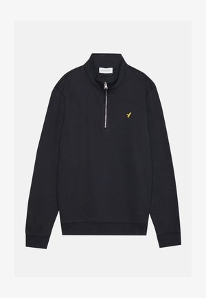 Svart zip-up hettegenser med høy krage, med en liten gul fuglelogo på venstre bryst og ribbede mansjetter og kant. Myk tekstur.