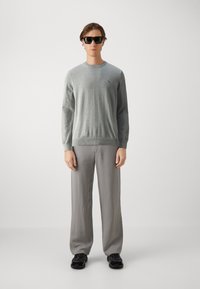 Grijze lange mouwen trui met geribbelde manchetten, zwarte zonnebril, grijze broek en zwarte sneakers. Opvallend Lacoste-logo op de trui.