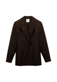 Mørkebrun dobbeltrækket blazer med notched lapels, to frontlommer og fire stofbetrukne knapper til lukning.