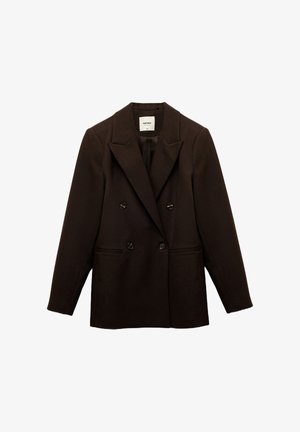 Blazer doppiopetto marrone scuro con revers, due tasche frontali e quattro bottoni rivestiti in tessuto per la chiusura.
