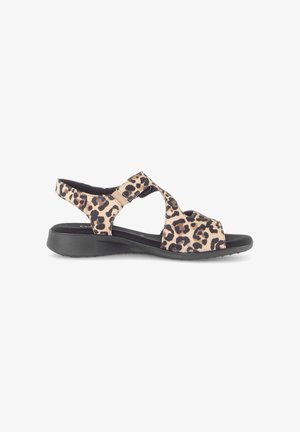 Dames sandaal met open teen, zwarte zool en leopardprint bandjes, voorzien van een verstelbare achterriem en uitgesneden ontwerp aan de zijkanten.
