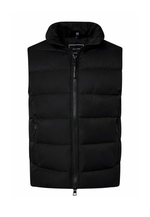 Schwarze Pufferweste mit hohem Kragen, Reißverschluss vorne und zwei Seitentaschen. Der Stoff hat eine glatte Oberfläche mit gesteppten Abschnitten.