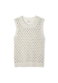 Top de punto sin mangas en color crema con un gran patrón de agujeros abiertos, cuello y dobladillo acanalados, que resaltan un acabado texturizado.