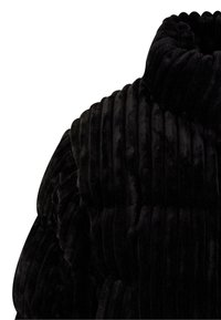 Black puffer jacket with a high collar, featuring vertical ribbed texture and a soft fabric finish. No visible hardware or accents.