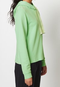 Vaaleanvihreä huppari, jossa on etutasku, kiristysnauhallinen huppu, yksinkertainen muotoilu ja ribbineulotut hihansuut, puettu tummien housujen päälle.