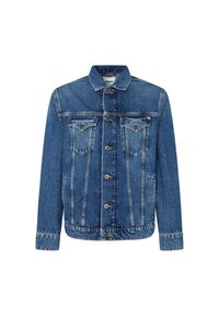 Chaqueta de denim en azul medio. Presenta un cierre frontal de botones, dos bolsillos en el pecho, cuello con puntas y detalles cosidos en los hombros y puños.