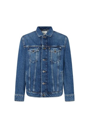 Jeansjacke in Mittelblau. Verfügt über eine Knopfleiste, zwei Brusttaschen, einen spitzen Kragen und eine gestickte Detailgestaltung an Schultern und Ärmeln.