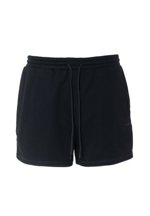 Schwarze legere Shorts mit elastischem Bund und Kordelzug, ausgestattet mit Seitentaschen und einem dezenten Logo auf der rechten Seite.