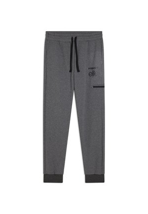 Pantalones deportivos gris oscuro con cordón negro, tobillos puños, un bolsillo lateral con cremallera y texto negro "Freddy elite" en el muslo.