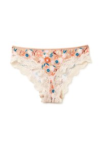 Mutandine bikini floreali in rosa chiaro e crema con bordo in pizzo. Presentano un motivo floreale con accenti blu e arancio; tessuto morbido.
