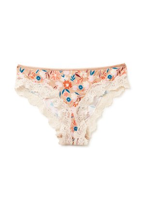 Květinové bikiny s krajkovým lemem v světle růžové a krémové barvě. Mají květinový vzor s modrými a oranžovými akcenty; měkká tkanina.