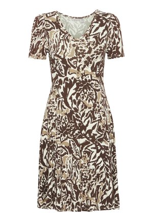 Īsām piedurknēm tērps ar V veida kakla izgriezumu, izgatavots no auduma ar brūnu, krēmkrāsas un bēšīgu abstraktu ziedu rakstu; ar paplatinātu svārku dizainu.