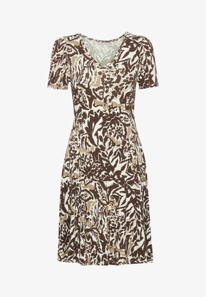 Kratké šaty s krátkymi rukávmi a výstrihom do V, vyrobené z látky s hnedým, krémovým a béžovým abstraktným kvetinovým vzorom; so širokou sukňou.