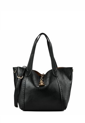 Schwarze Lederhandtasche mit zwei Schulterriemen, zusätzlichem verstellbarem Riemen und zentralem goldfarbenem Schlossdetail auf der Vorderseite.