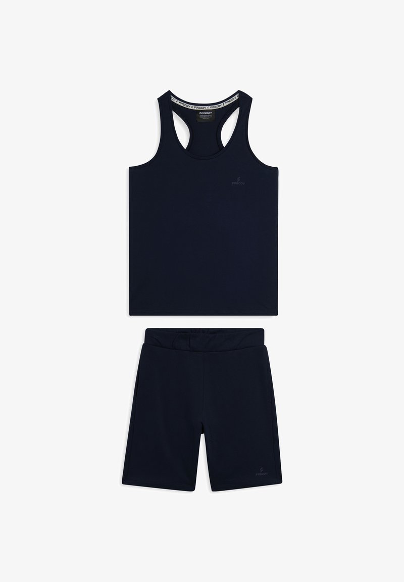 Set di top e pantaloni sportivi di colore blu navy, caratterizzato da un design con schiena a racer e una cintura elastica. Realizzato in tessuto leggero e morbido.