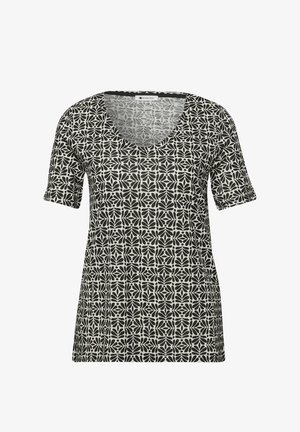 Chemise à manches courtes noire et blanche avec un col en V et un motif floral symétrique, étiquette "Street One" au niveau de l'encolure.