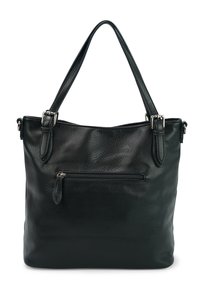 Zwarte leren tote bag met een gestructureerde afwerking, twee schouderriemen en een voorvak met rits. Voorzien van zilverkleurige hardware accenten.