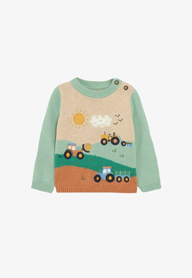 Svetlozelený a béžový pletený sveter s motívom traktorov, slnka a облаков. Obsahuje dva gombíky na ramene a textúrovanú tkaninu.