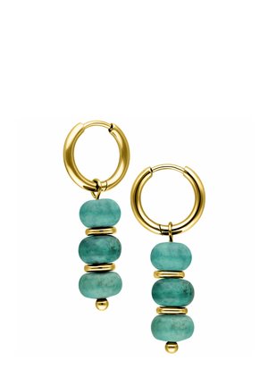 Gold hoop earrings with three stacked round turquoise beads separated by gold spacers hanging from each hoop.