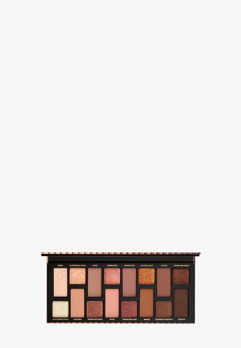 Oogschaduwpalette met 16 rechthoekige pans. Kleuren omvatten matte neutrale tinten, rozenkleuren en glinsterende bruintinten. Compact ontwerp met een spiegelende deksel.