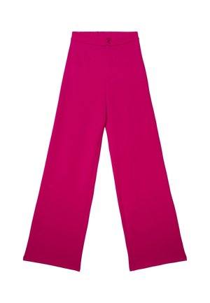 Pantaloni a gamba larga color fucsia con vita alta e chiusura a bottone, tessuto liscio, senza tasche visibili né motivi.
