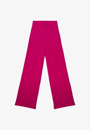 Pantaloni a gamba larga color fucsia con vita alta e chiusura a bottone, tessuto liscio, senza tasche visibili né motivi.