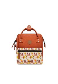Brown leather backpack with a patterned cream front pocket featuring geometric designs in yellow, red, and orange. Includes top handles and zipper.