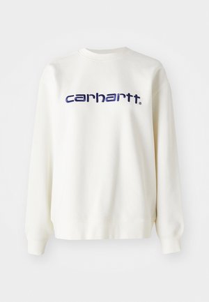Sweatshirt bianco in cotone con maniche lunghe e polsini a costine, con il logo "carhartt" in blu navy sulla parte anteriore.